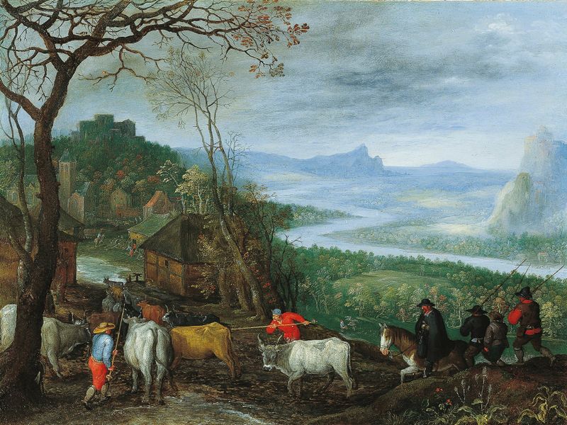 Paisaje con pastores llevando ganado a una aldea, óleo sobre panel de Jan Brueghel el Viejo