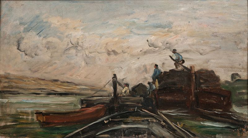 Barges on a river de Charles François Daubigny, pintura al óleo