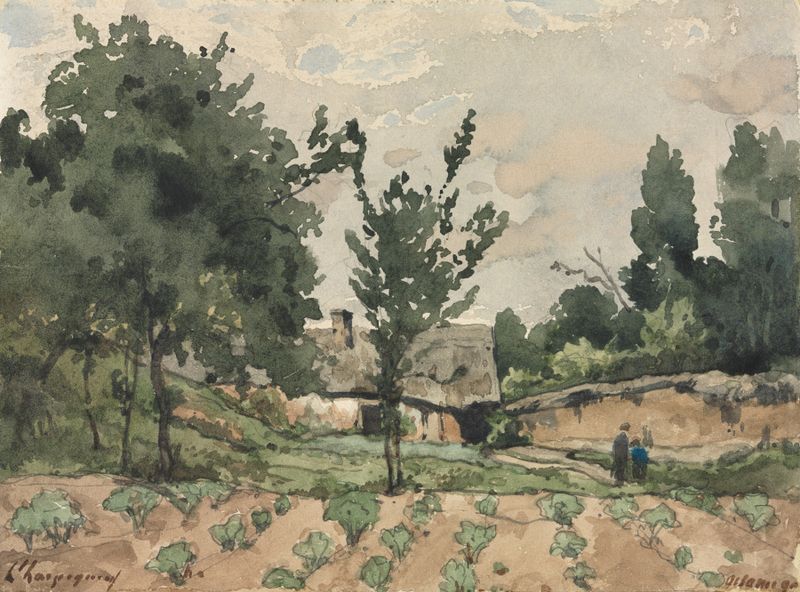 Paisagem com Fazenda de Henri-Joseph Harpignies, pintura a óleo que retrata uma fazenda ao pôr do sol.