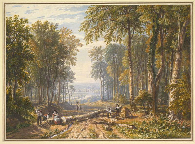 Woodcutters at Park Place, Henley, the River Thames Beyond, oil on canvas by William Havell