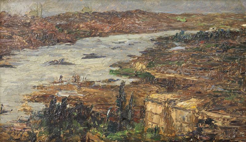 Flusslandschaft (Ölstudie) by Olga Wisinger-Florian, oil on canvas depicting a serene river landscape.