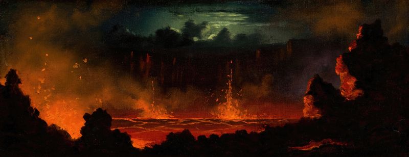 Volcanic Landscape by Jules Tavernier, oil on canvas showing a lava flow and mountainous terrain.