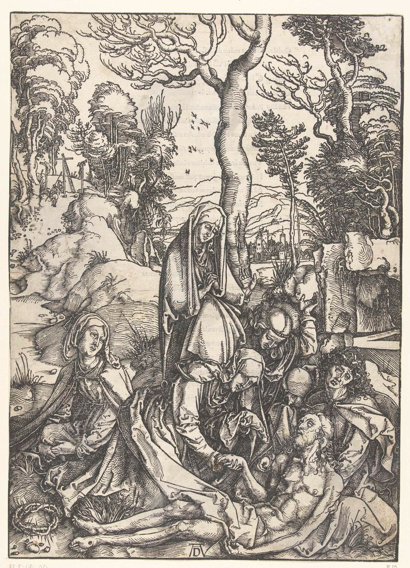 Grabado de Albrecht Dürer que muestra figuras sombrías en Bewening reflexionando sobre la mortalidad.