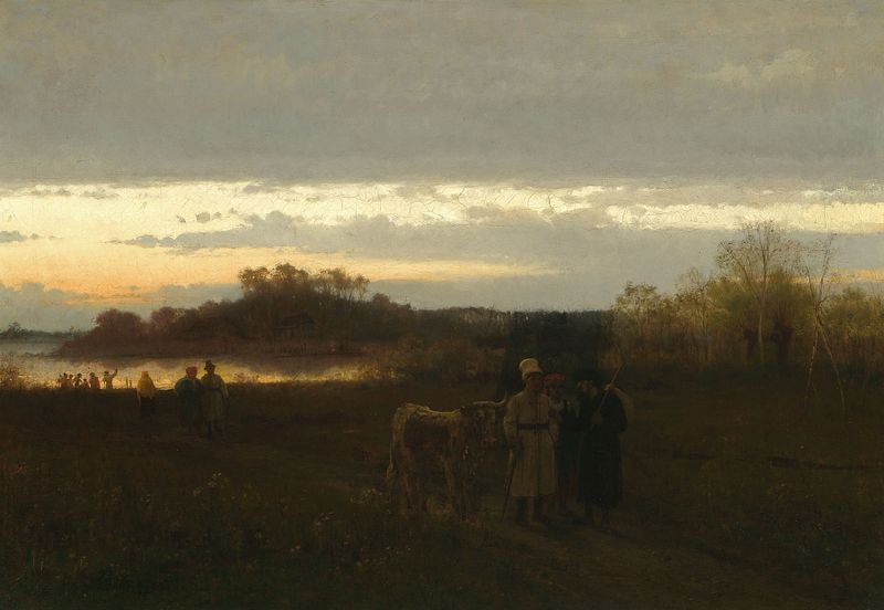 Óleo sobre lienzo de Franciszek Streitt que muestra figuras caminando hacia una feria en un paisaje rural.