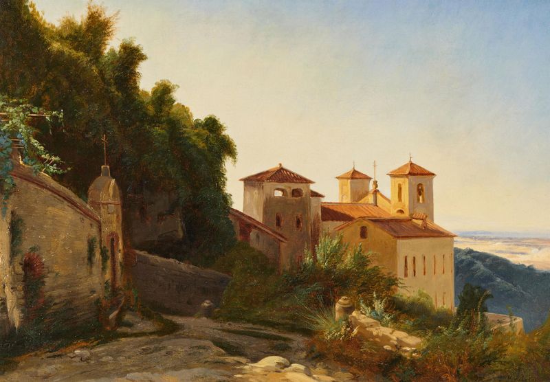 Ruínas de claustro na luz dourada, óleo de Johann Wilhelm Schirmer