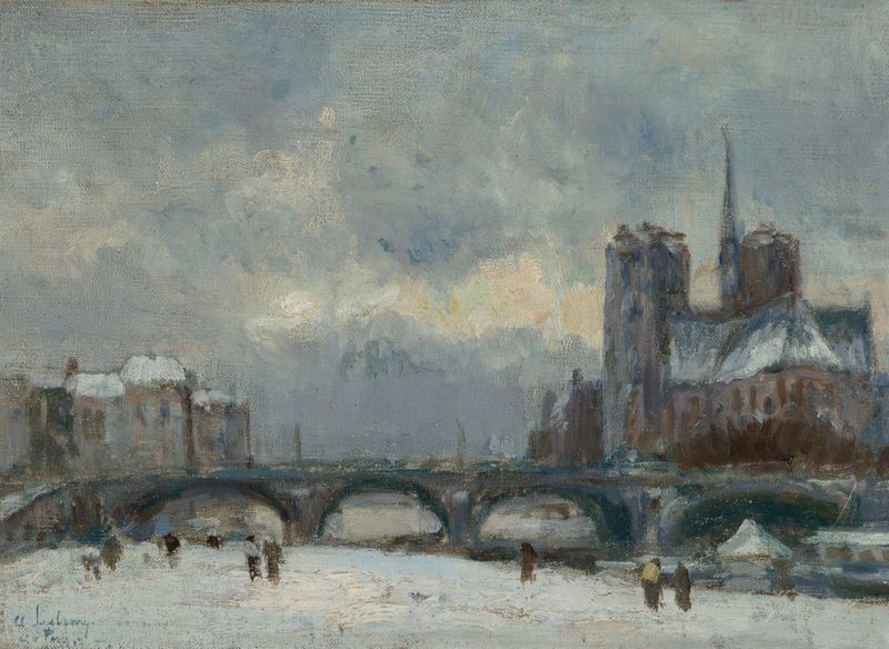 Winter landscape featuring Notre-Dame by Albert Lebourg, oil painting