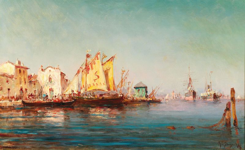 Oil painting by Charles Malfroy depicting ships in the harbor at dusk.