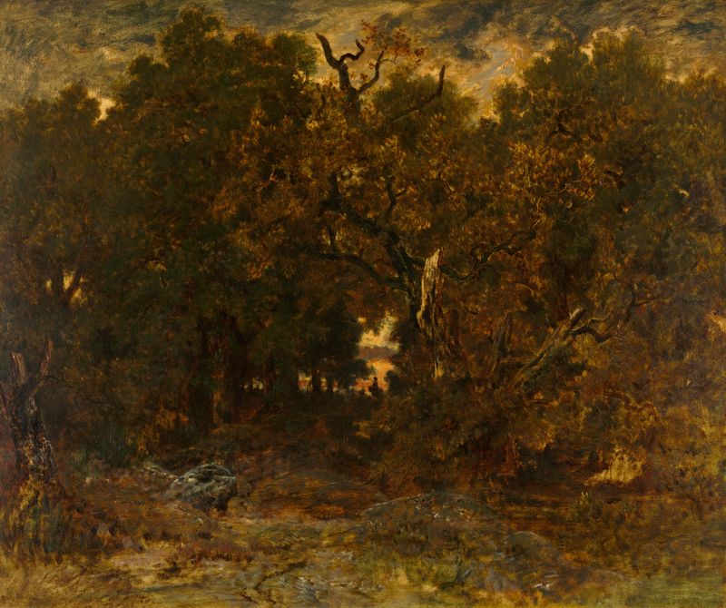 Leaving the Forest, Fontainebleau; Setting Sun de Théodore Rousseau, pintura a óleo de uma floresta ao pôr do sol.