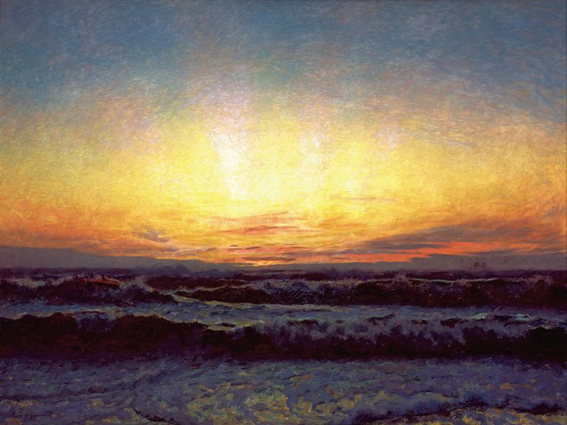 Vesterhavet i storm, oil on canvas by Laurits Tuxen, depicting tumultuous waves at sunset