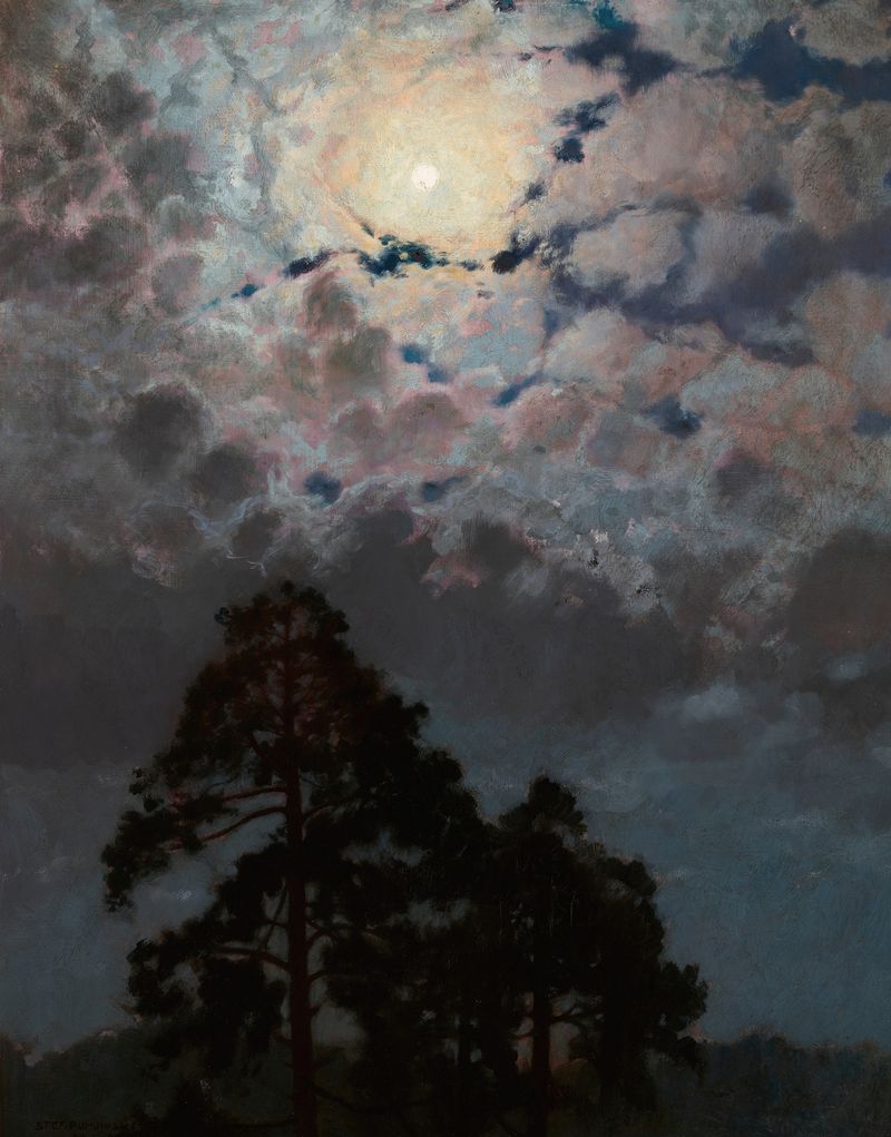 Pines de Stefan Popowski, pintura a óleo que retrata altas árvores em uma paisagem serena.