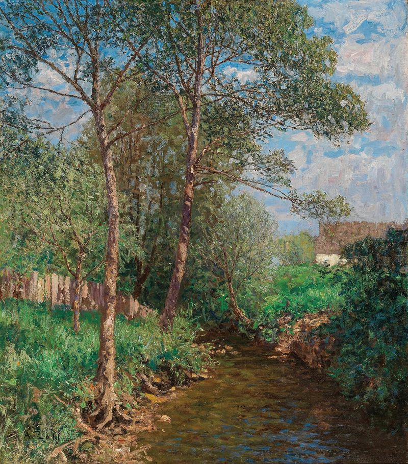 Sonnige Bachlandschaft de Alfred Zoff, óleo sobre tela que retrata um riacho tranquilo e uma paisagem vibrante.