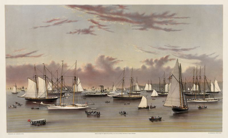 The Yacht Squadron at Newport, 1872 de Currier & Ives, retratando iates navegando no oceano.