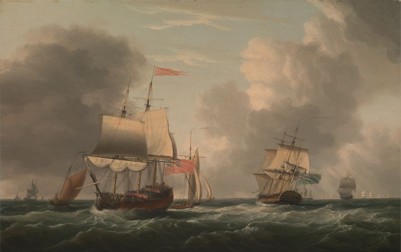 Oil painting by Dominic Serres depicting an English two-decker ship with sails in a fresh breeze.