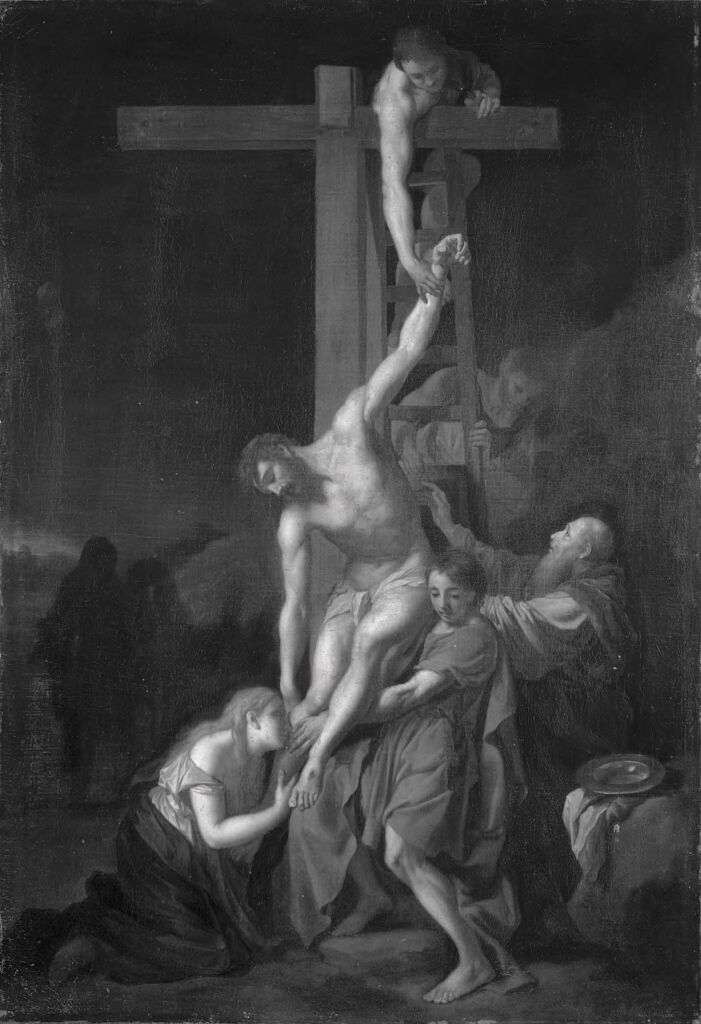 Descent from the Cross, óleo sobre tela de Adriaen van der Werff mostrando uma cena de crucificação