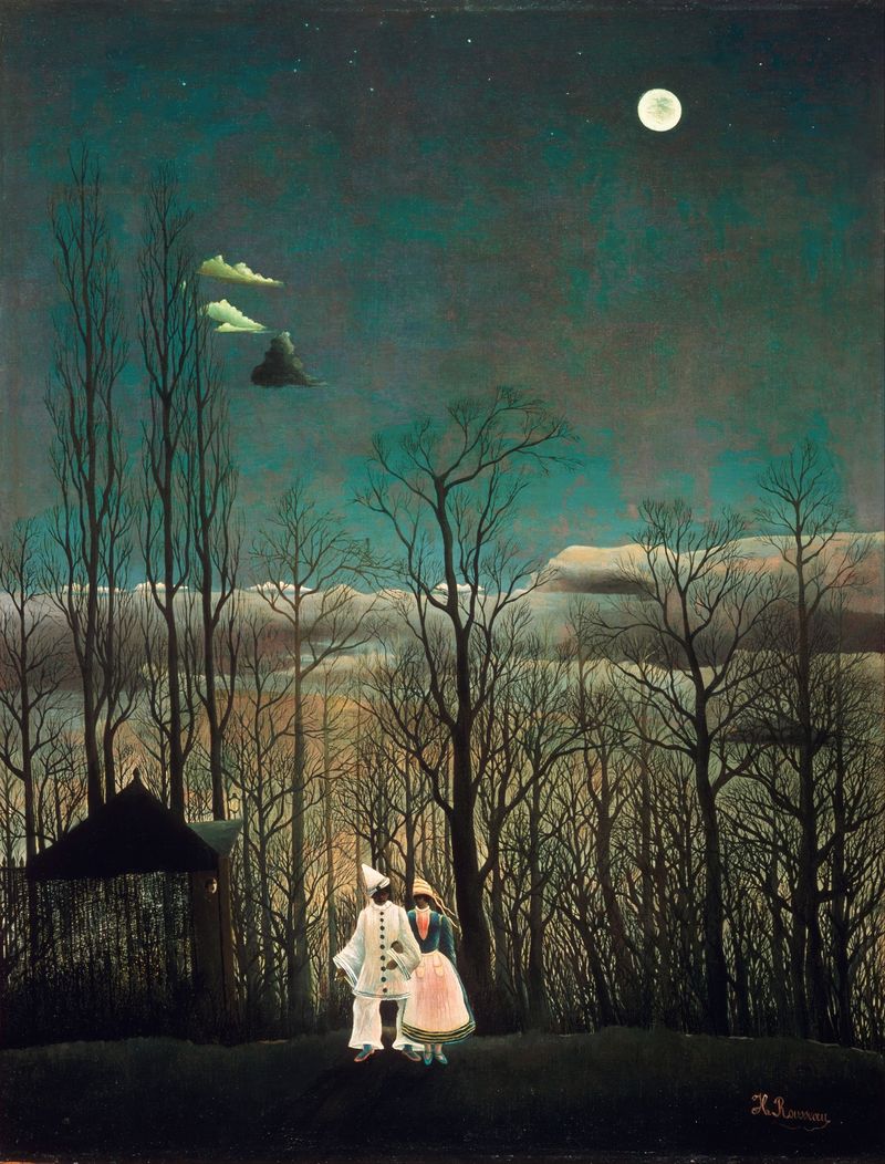 Carnival Evening by Henri Rousseau, oil painting depicting a vibrant night scene with figures.