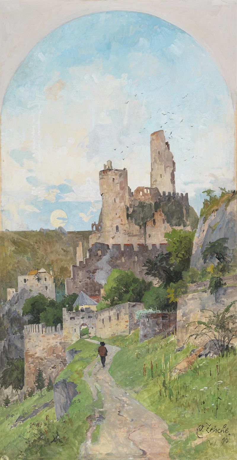 Blick auf die Ruine Dürnstein, oil on canvas by Eduard Zetsche, featuring a fortress against a muted sky.