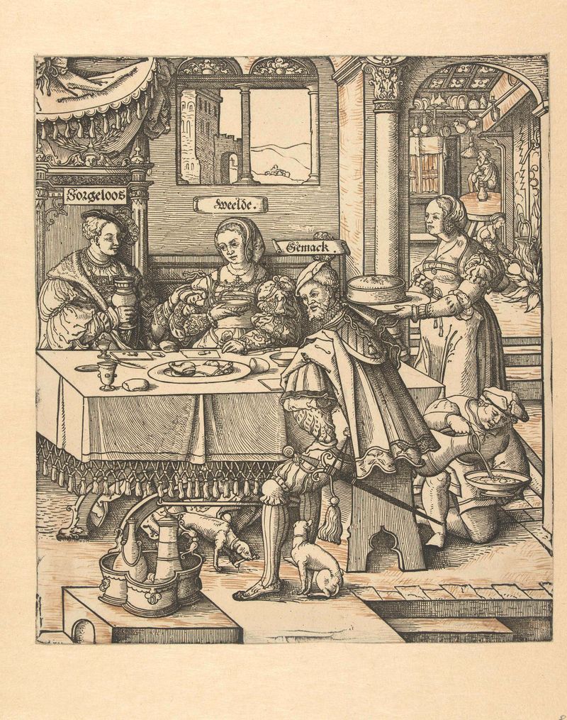 Natureza morta óleo sobre painel de Cornelis Anthonisz representando uma mesa carregada de comida.