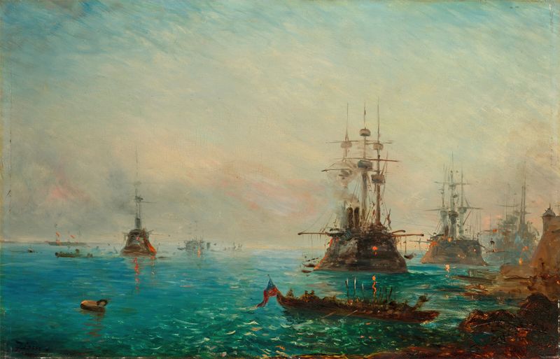 Esquadrões navais em Toulon, pintura a óleo de Félix Ziem