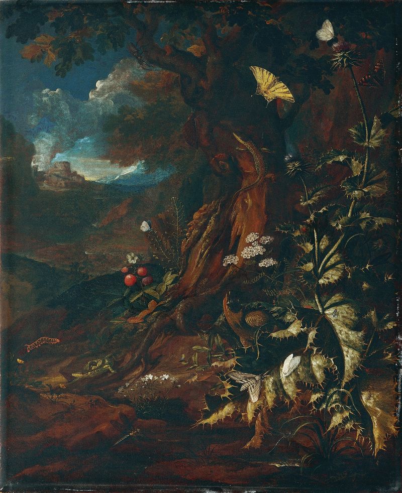 Landschaft mit Reptilien und Insekten, oil on canvas by Johann Adalbert Angermayer