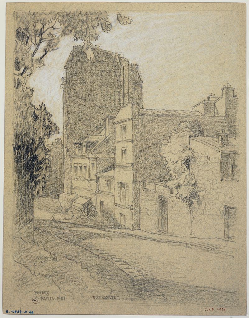 Rue Cortot, à Montmartre de Ferdinand Boberg, óleo sobre lienzo que representa un vibrante paisaje urbano.