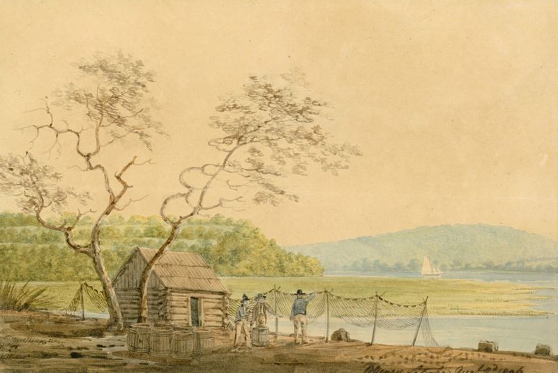 Paisagem do Riacho Elk com reflexos, pintura a óleo de Benjamin Henry Latrobe
