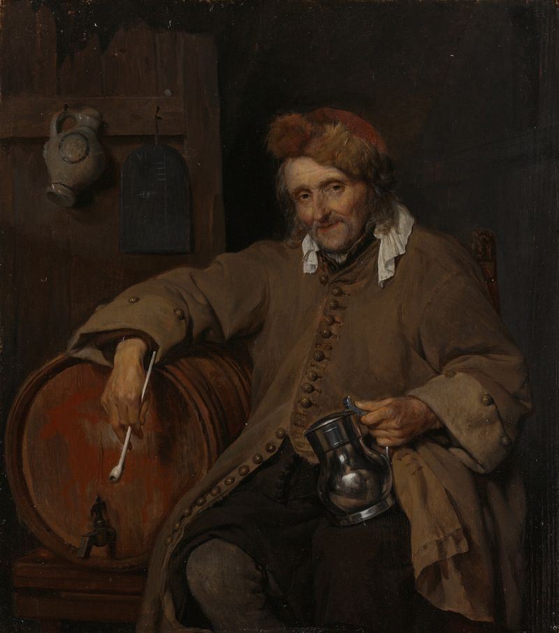 Old man holding a beer tankard, oil on panel by Gabriël Metsu