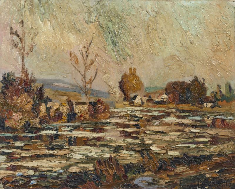 Landscape featuring a river and mist, oil painting by Pierre Dumont