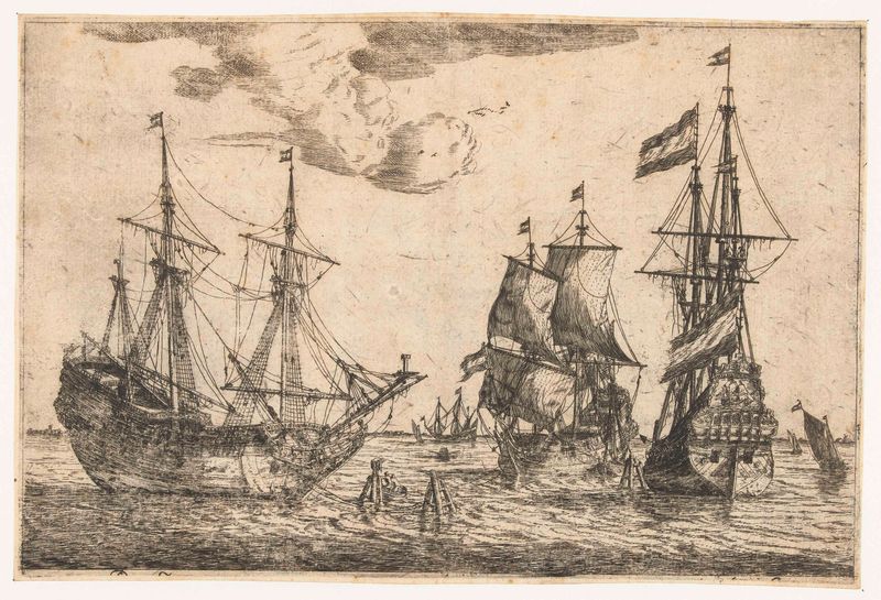 Grabado de Reinier Nooms que muestra barcos anclados en agua tranquila