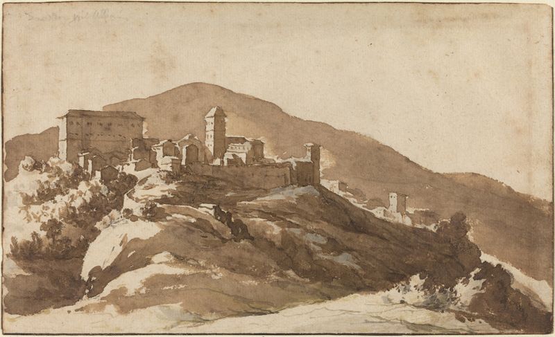Landscape view with hills and golden light by Jan de Bisschop, medium unknown