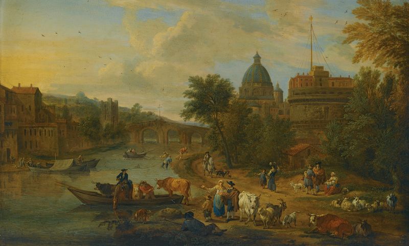 Oil on canvas by Matthijs Schoevaerdts depicting peasants and cattle by the Tiber River.