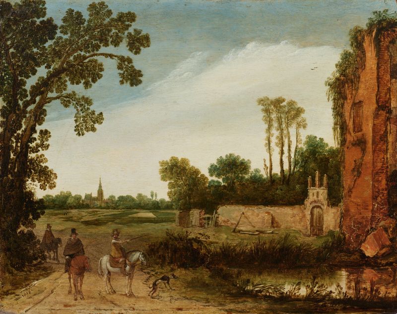 Paisagem com cavaleiros ao lado de uma piscina, Esaias van de Velde, pintura a óleo