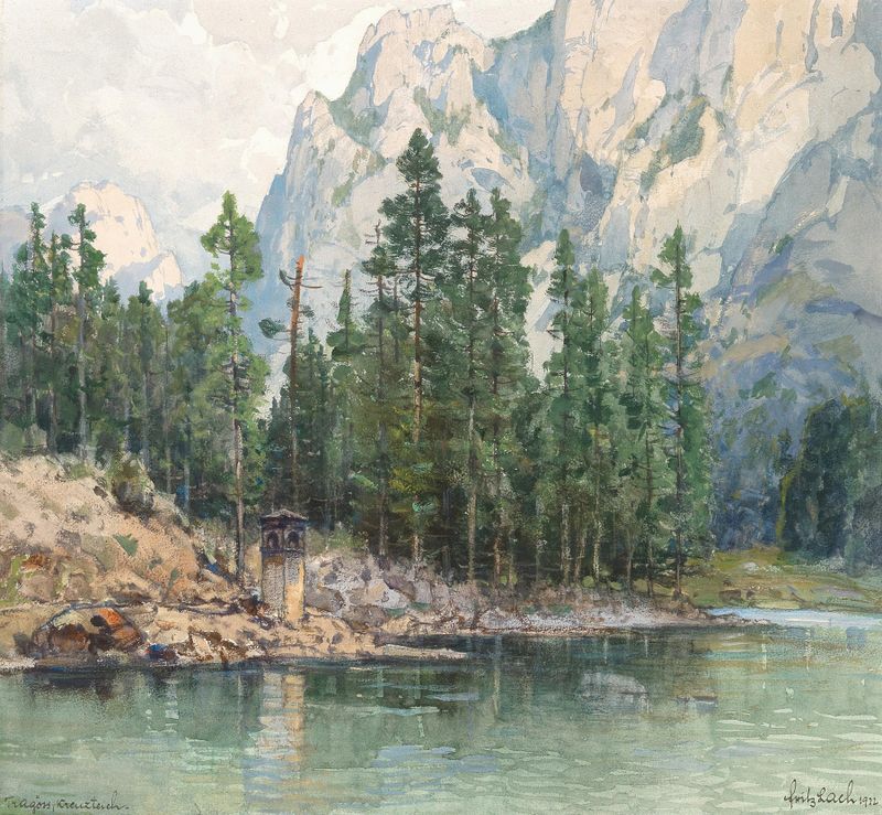 Kreuzteich near Tragöss, oil painting by Fritz Lach depicting a tranquil pond and landscape.
