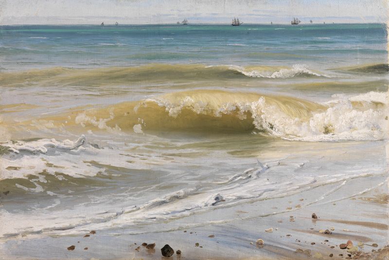 Pintura a óleo de Johann Wilhelm Schirmer mostrando ondas quebrando e navios distantes