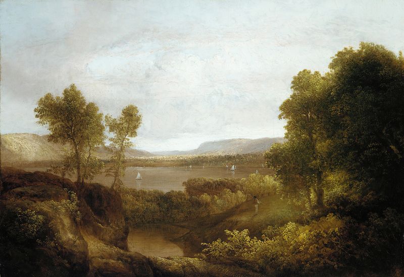 Hudson River landscape by Thomas Doughty, oil painting, featuring morning light and water reflections.