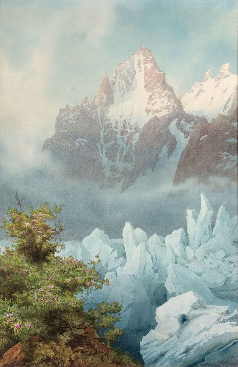 Paisaje alpino con montañas y praderas, óleo sobre lienzo de James Whittet-Smith