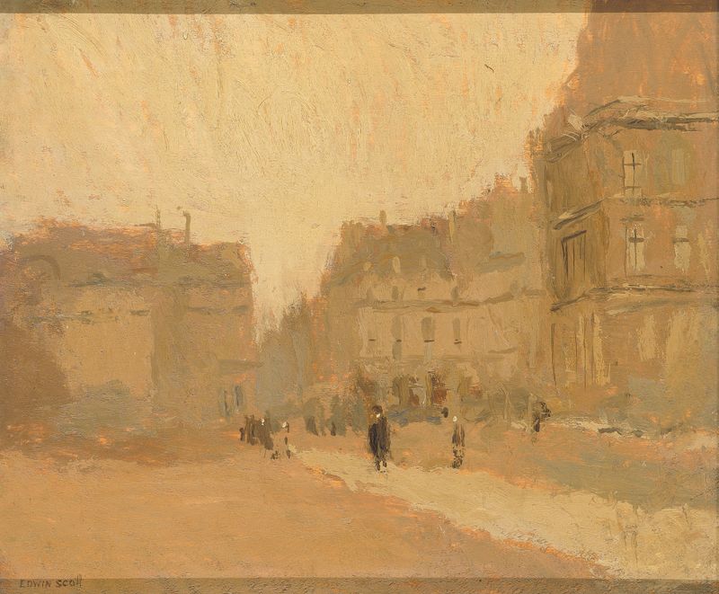 Rue des Pyramides de Frank Edwin Scott, óleo sobre lienzo que muestra una vibrante escena callejera.
