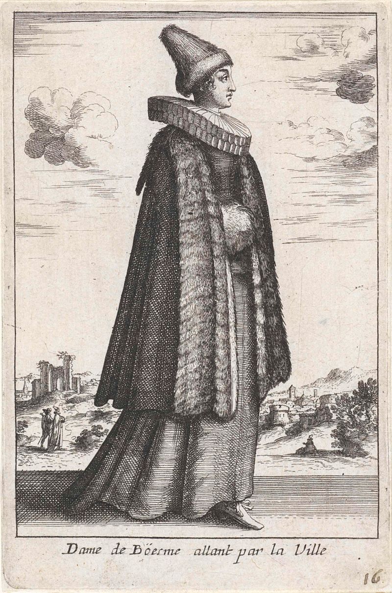 Dame de Böesme allant par la Ville, gravura de Unknown Artist, apresentando uma nobre em um vestido elaborado.