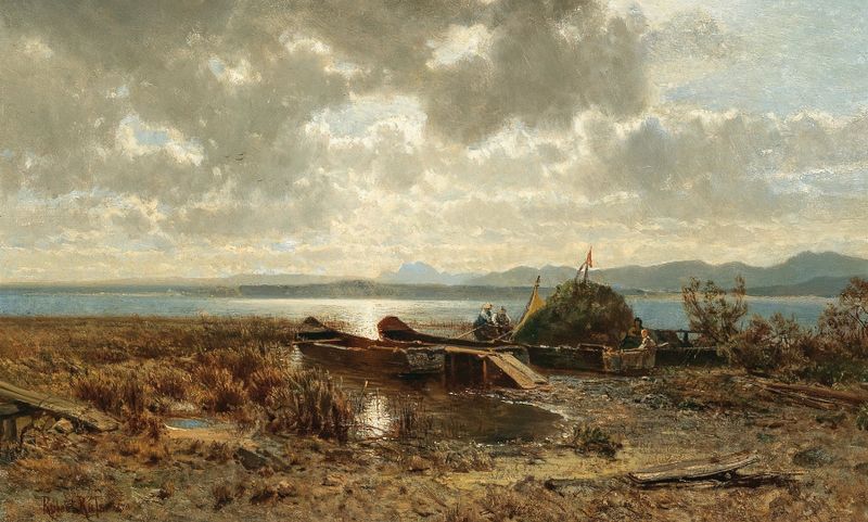 Abend am Chiemsee by Robert Russ, oil on canvas depicting a sunset over a lake with mountains.