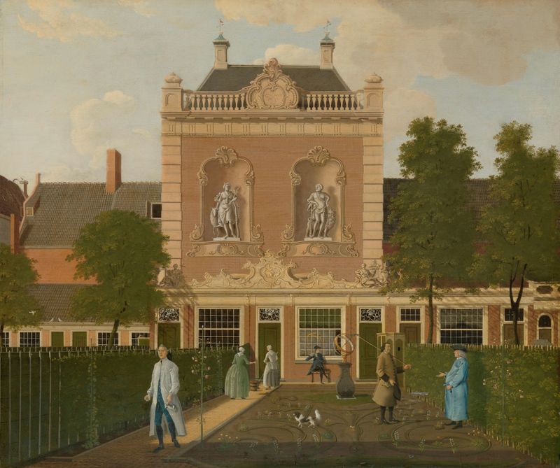 Landscape of a garden with a horse by the coach house, oil painting by Hendrik Keun