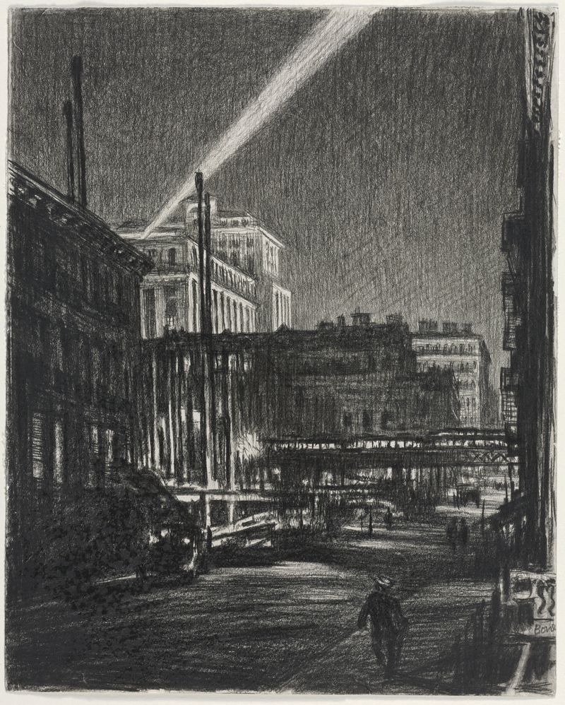 New York Night de Muirhead Bone, retratando uma paisagem urbana escura com postes de luz brilhantes, pintura a óleo