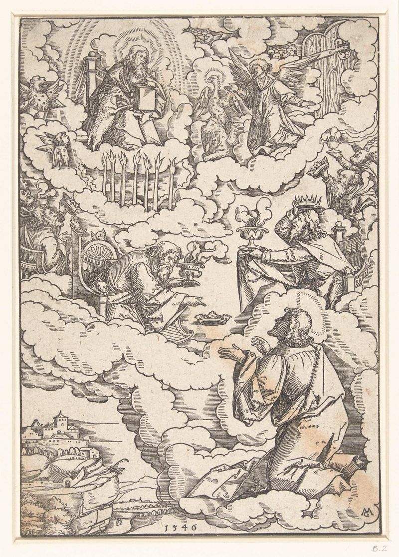 Escena religiosa con Dios en un trono y veinticuatro ancianos, papel de Matthias Gerung