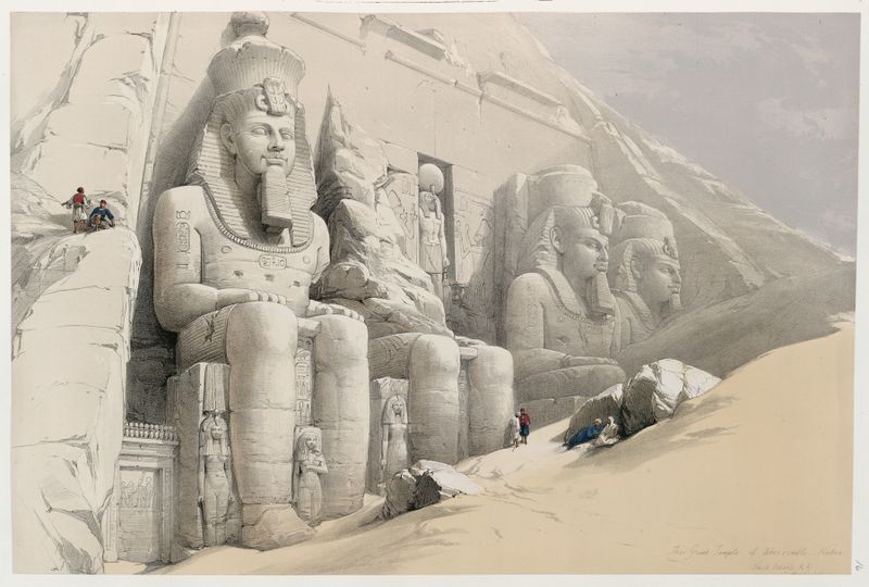 The Great Temple of Aboo Simble, oil on canvas by David Roberts, featuring ancient columns in a desert.