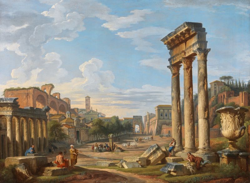Rococo oil painting by Giovanni Paolo Panini depicting the Roman Forum with figures and ruins.