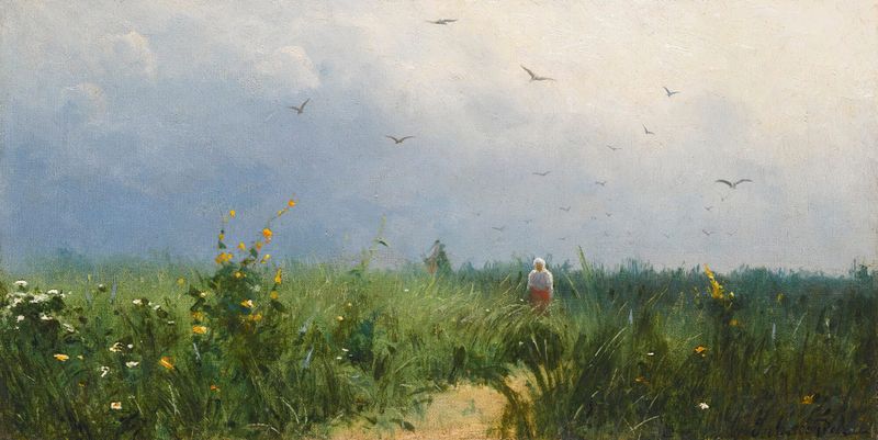 Escena de género que representa figuras trabajando en un campo, pintura al óleo de Grigory Grigorievich Myasoedov
