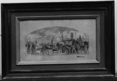 Cena de gênero com trabalhadores portuários e barcos a vapor em Skeppsbron, pintura a óleo de Carl Wilhelmson