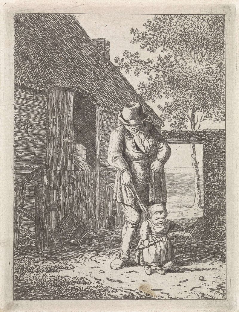 Etching by Johannes Christiaan Janson depicting a farmer with a child on a leash.