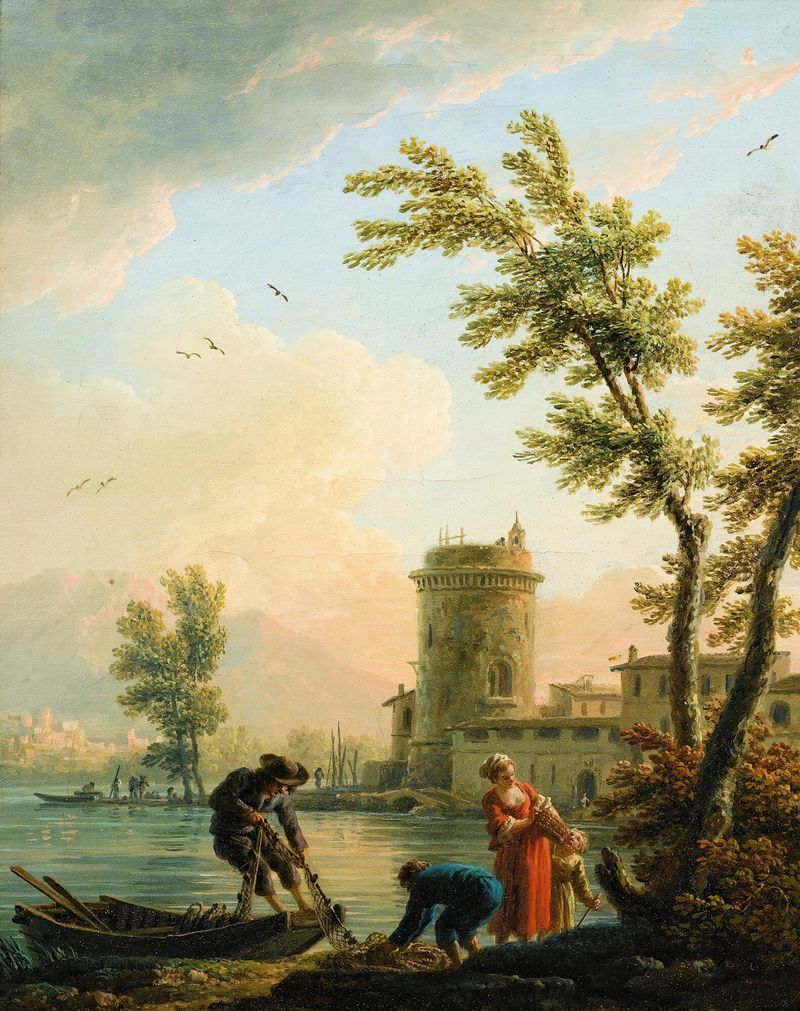 Fishers at sunrise, óleo sobre tela de Claude-Joseph Vernet, retratando pescadores em águas calmas ao amanhecer.
