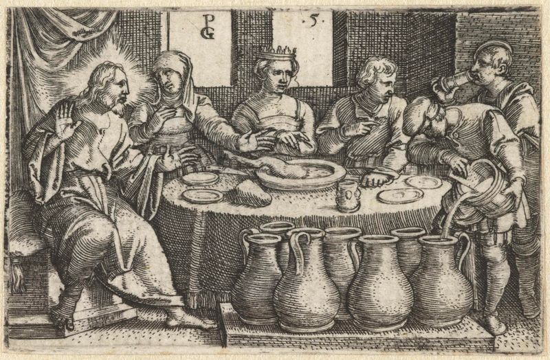 Gravura de Georg Pencz retratando uma celebração de casamento com figuras e luz.
