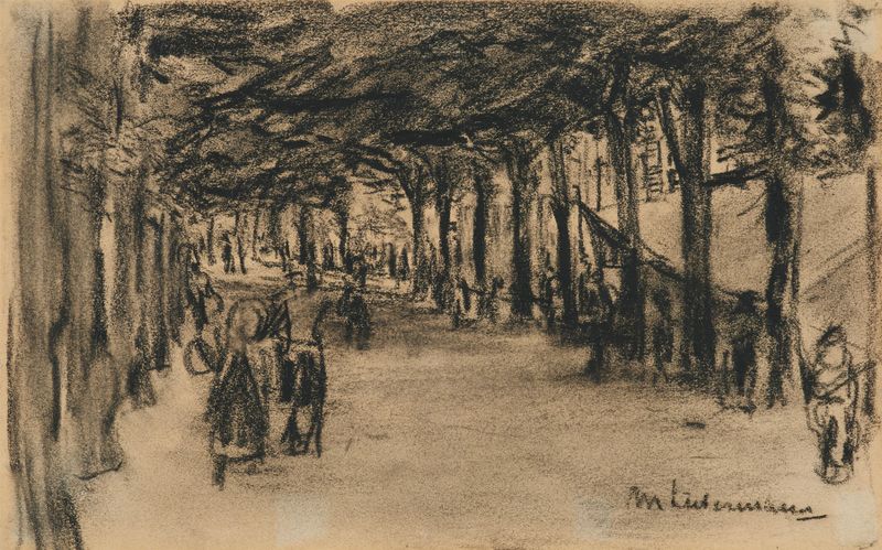 Niederländische Dorfstraße de Max Liebermann, óleo sobre tela, retratando uma vibrante rua de aldeia.