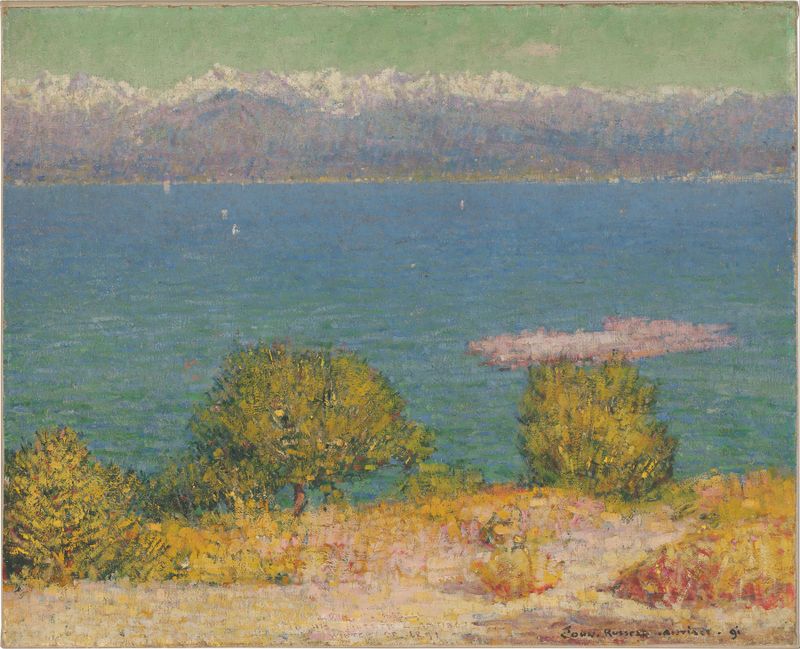 Landscape, Antibes by John Peter Russell, oil on canvas depicting lush foliage and blue water